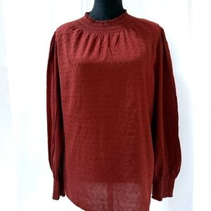 Madewell Swiss Dot Smocked Blouse, Russet Red